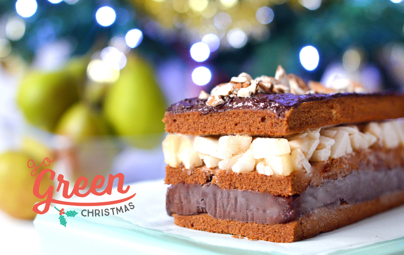 Dessert de Noël : bûche façon millefeuilles poire, amande, chocolat (vegan, sans gluten)